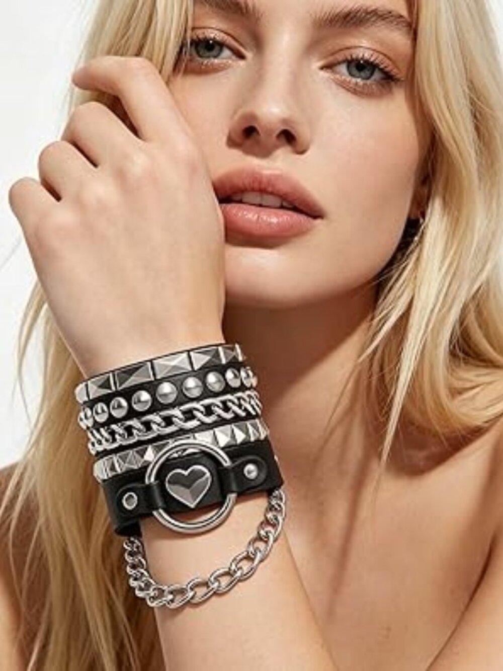 3Pcs Soft Leather Bracelets with Heart/Pyramid/Chain, Emo Punk Wrap Wrist Cuffs